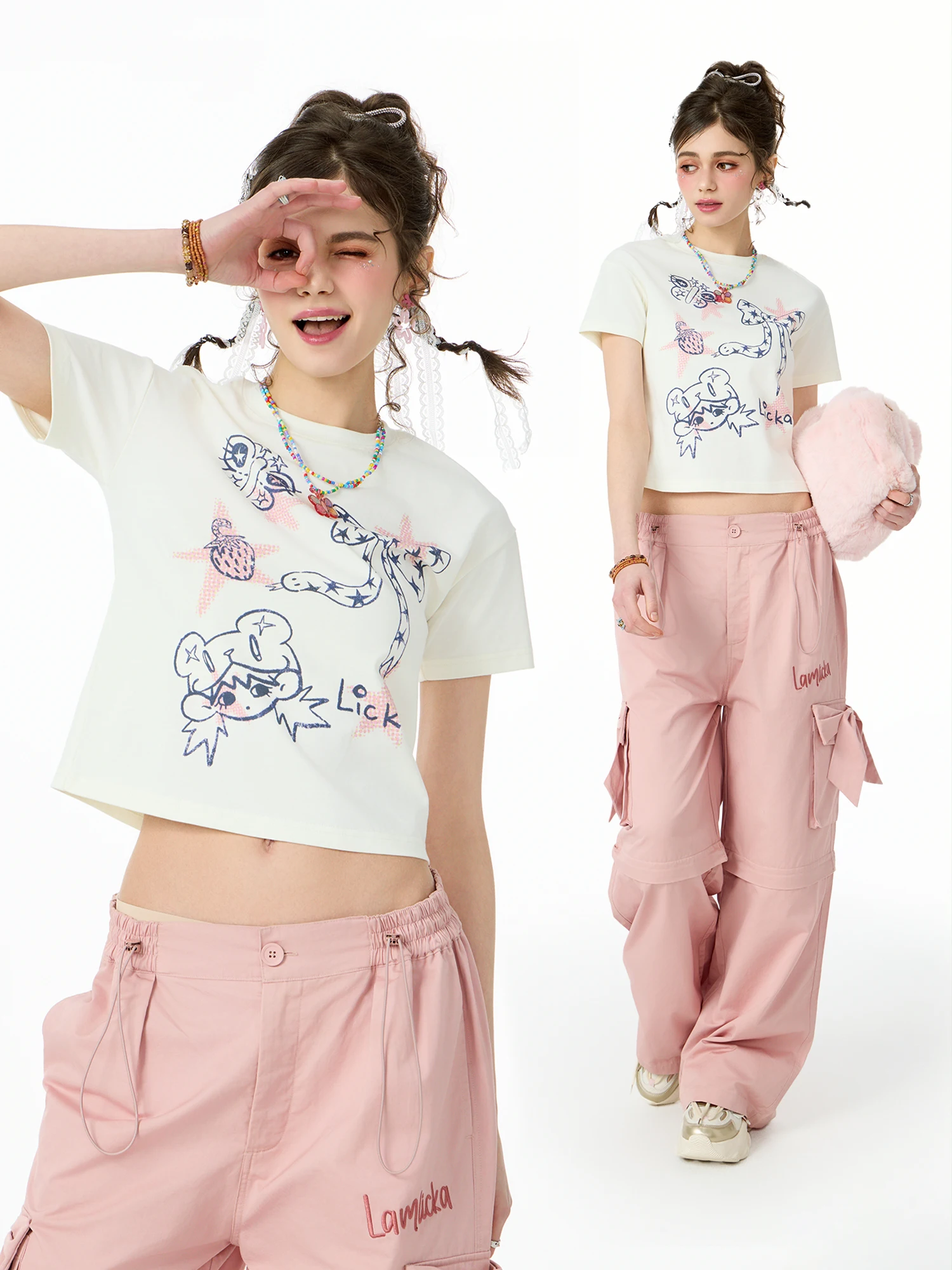 Camiseta Licka Girl de manga corta con cuello redondo para mujer, camiseta ajustada de verano de estilo dulce con estampado d...