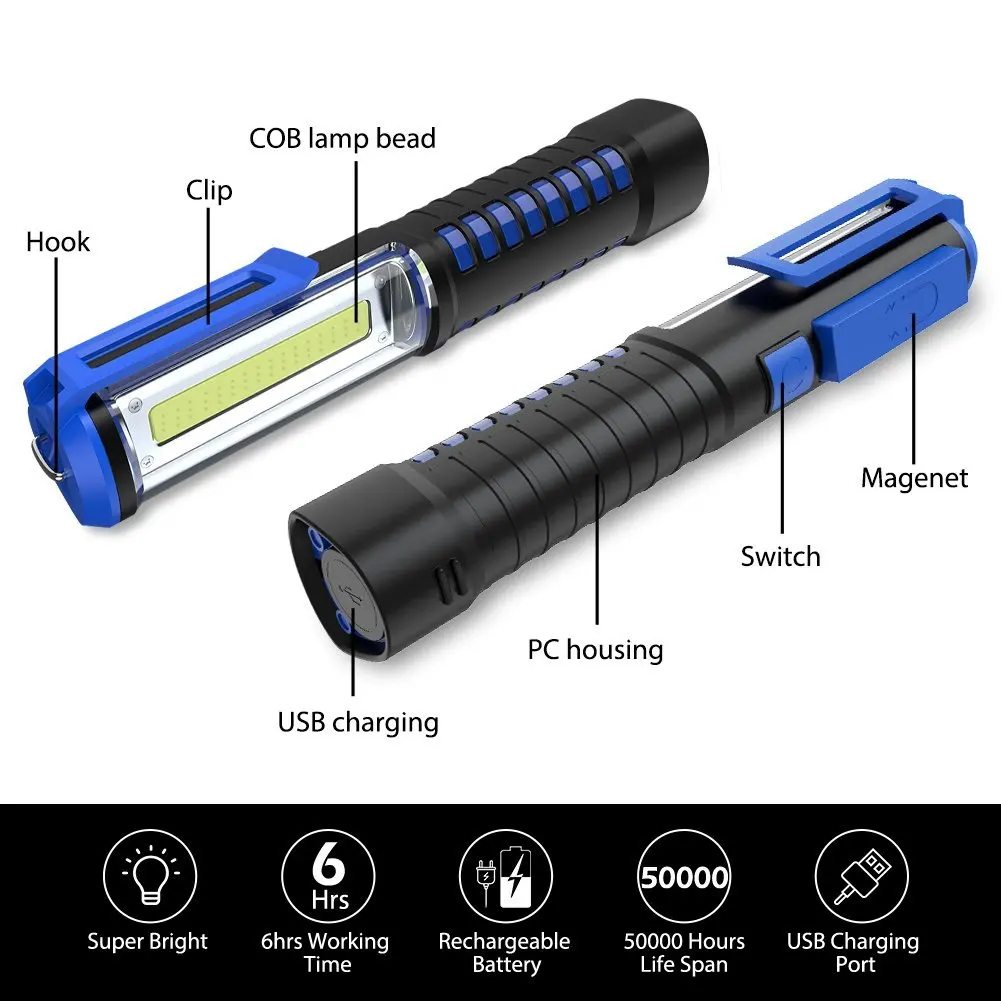 Magnetic COB flashlight auto repair light super bright and strong handheld light USB rechargeable imported