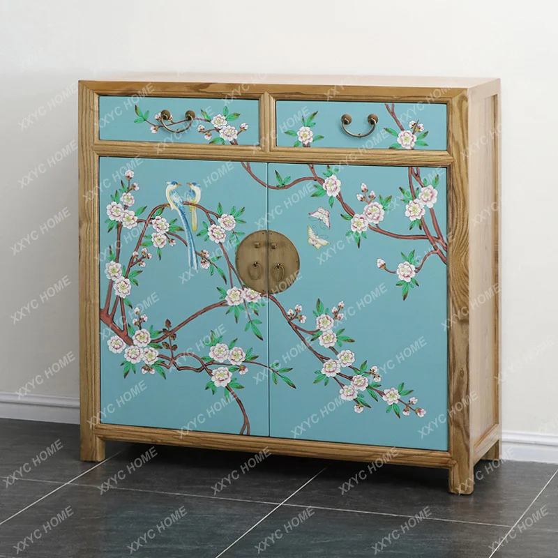 

New Chinese hand-painted flowers and birds pastoral small fresh entrance foyer cabinet storage
