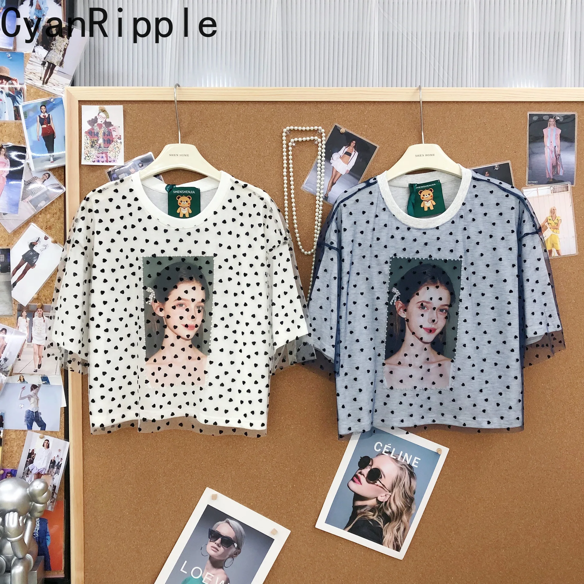 

Vintage Love Lace Splicing Spring Summer Women Short Sleeve T-shirt Beads Character Printed Round Neck Pullover Top Cotton Tees