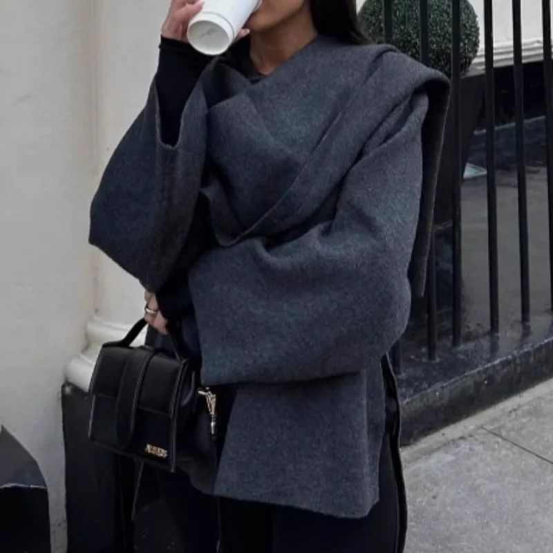 

Женское вязаное короткое пальто для отдыха, однотонная ленивая шаль, накидка, шарф, воротник, теплые и удобные элегантные женские топы