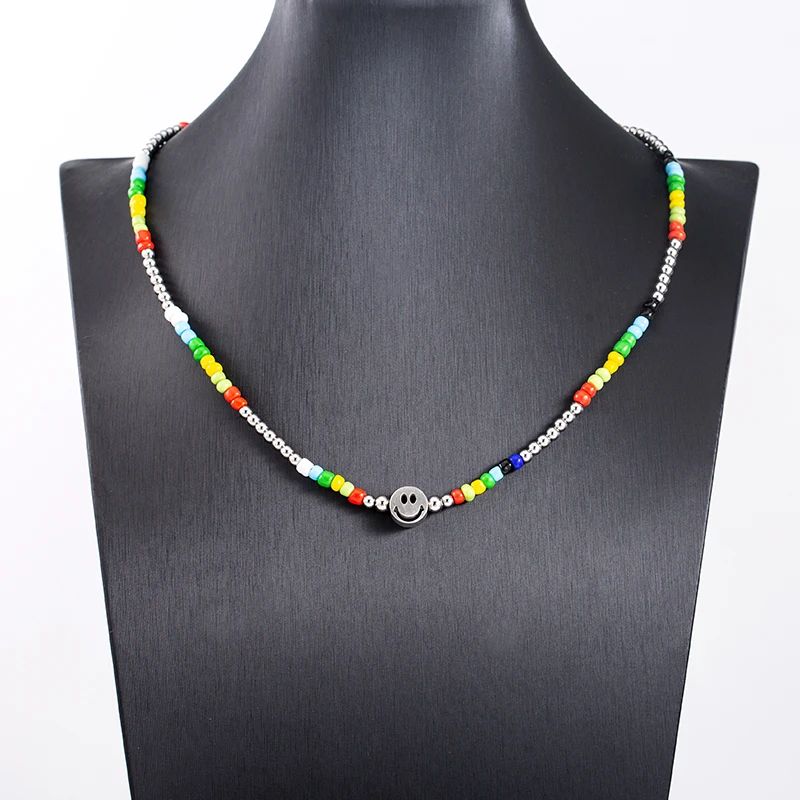 High Quality Vintage Temperament Male/Female Pendant Stainless Steel Rainbow Glass Beads Smiley Face Necklaces view 6