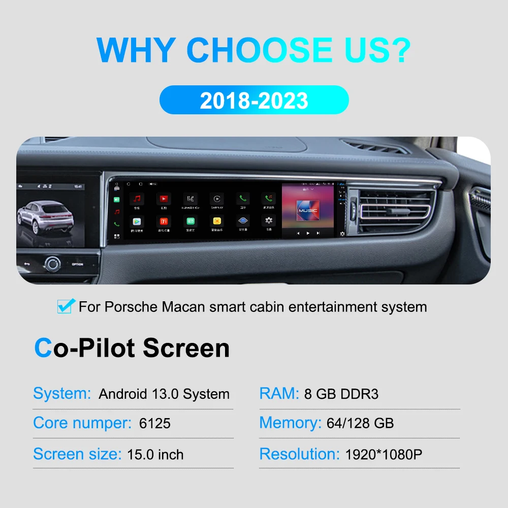 Navihua New Design 14.5 Inch Screen Android Co-pilot Entertainment System Carplay Passenger Display for Porsche Macan 2018-2023