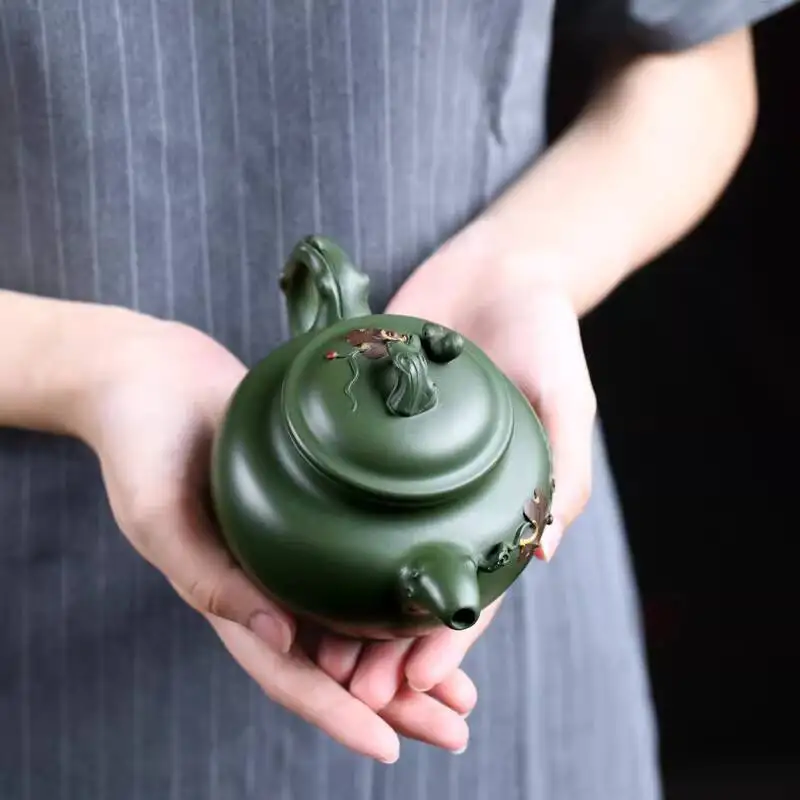 [Changtao]Yixing Original Mineral Purple Clay Teapot, Handmade By Jiang Yaping, Floral Design, Dark Green Clay, Squirrel And