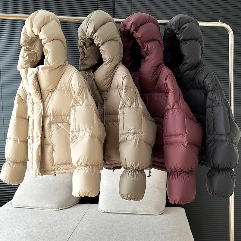 2024 New Korean Fashion Short Hooded Puffer Jacket Women 90% White Duck Down Coat Loose Thick Warm Soft Windproof Parkas Outwear