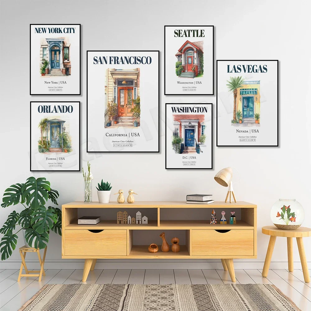 Washington state, Chicago, San Francisco, Miami, Massachusetts, Louisiana, Florida, beautiful minimalist watercolor door poster