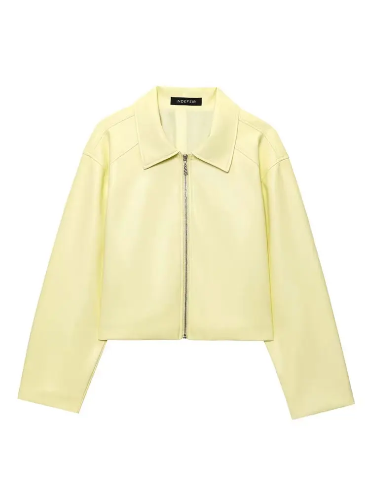 HH الخريف خمر بولي Leather سترة جلدية للنساء الصلبة Y2K طويلة الأكمام رفض طوق سستة معاطف الموضة ملابس خارجية غير رسمية