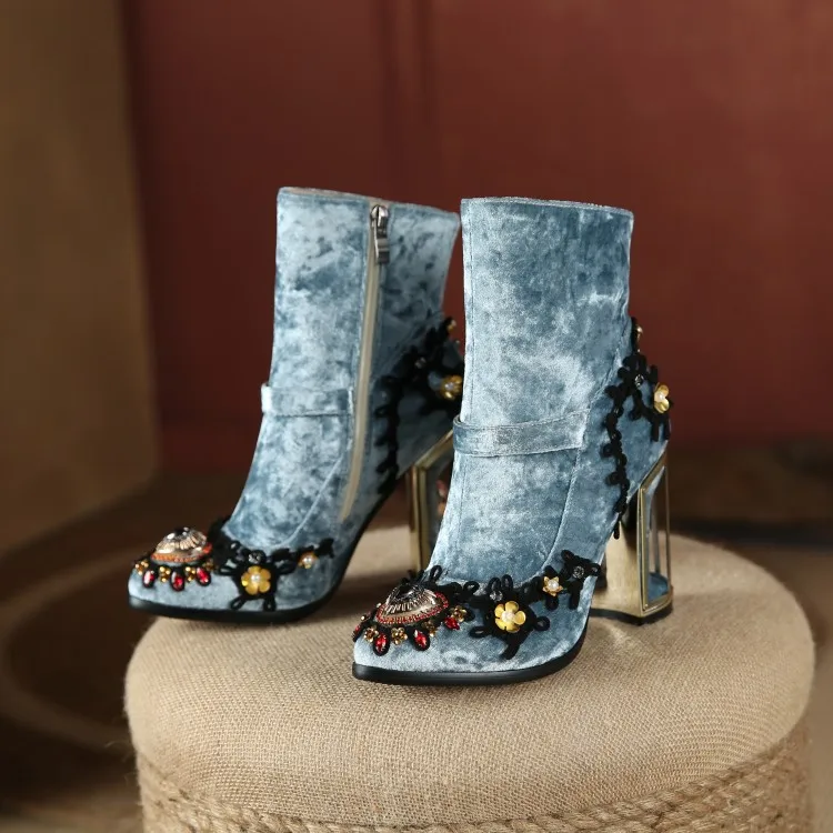 

Heart Inside Cage Metal Fretwork Chunky Heel Velvet Ankle Boots Woman Flower Lace Branch Sky Blue Red Mary Jane Boots