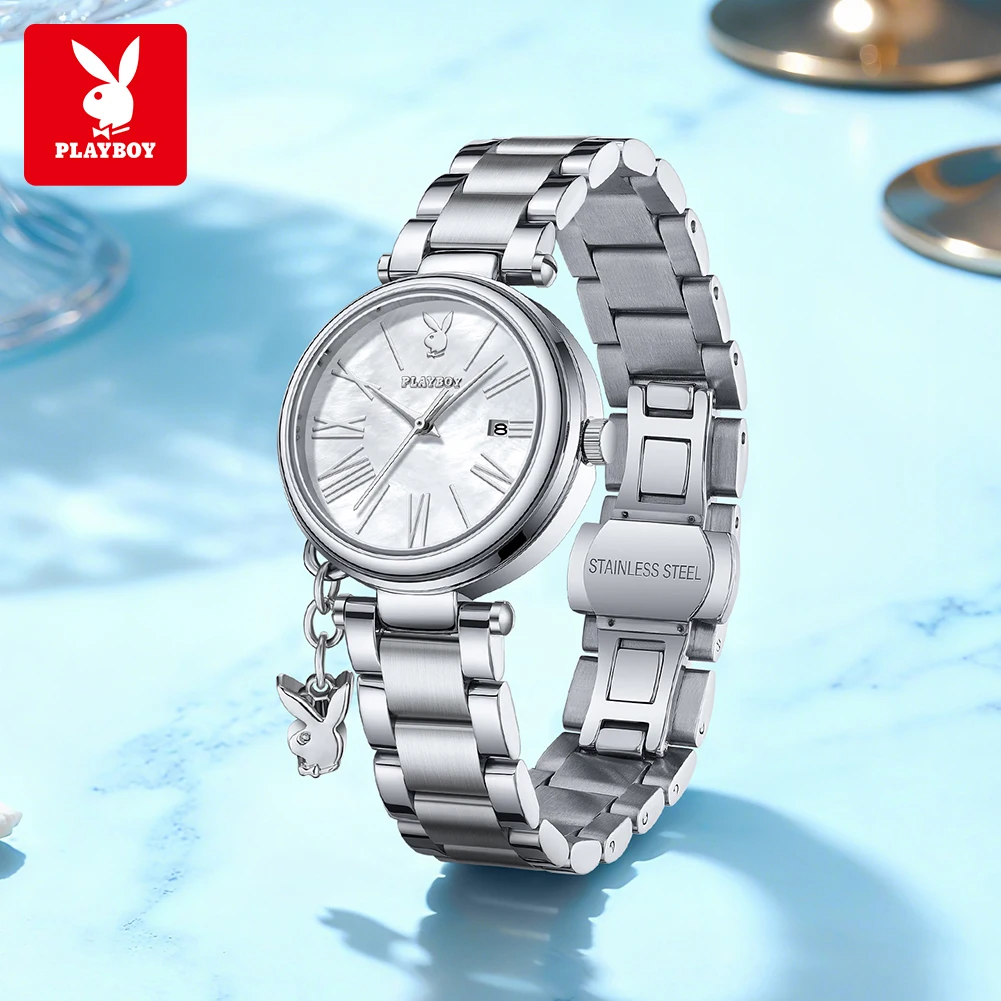 PLAYBOY 3109 Original Quartz Movement Brand Watch For Women Exquiaite Round Dial 30m Waterproof Stainless Steel Calendar Watch