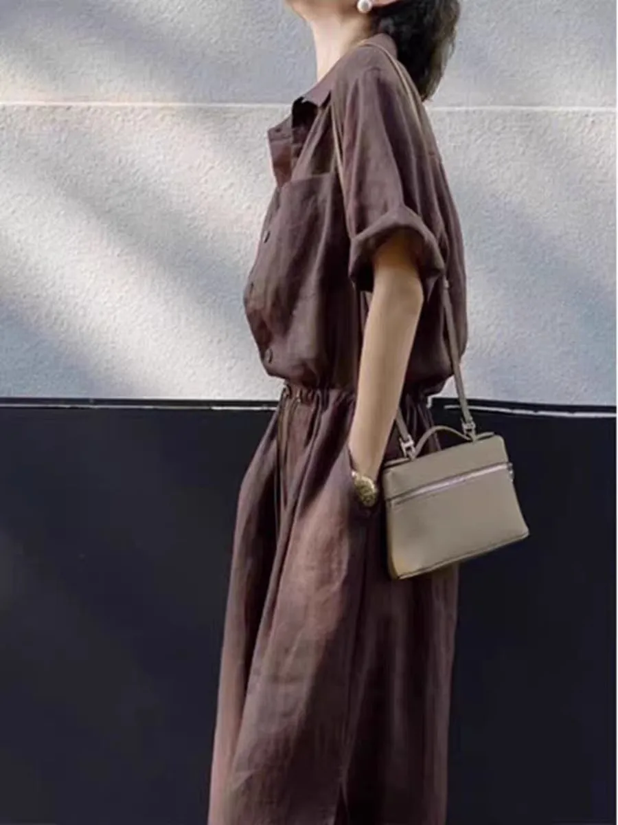 فستان كتان ريترو مع رباط خصر مرن ومزاج تنحيف مقاس كبير قميص نسائي فضفاض بأكمام قصيرة فستان طويل