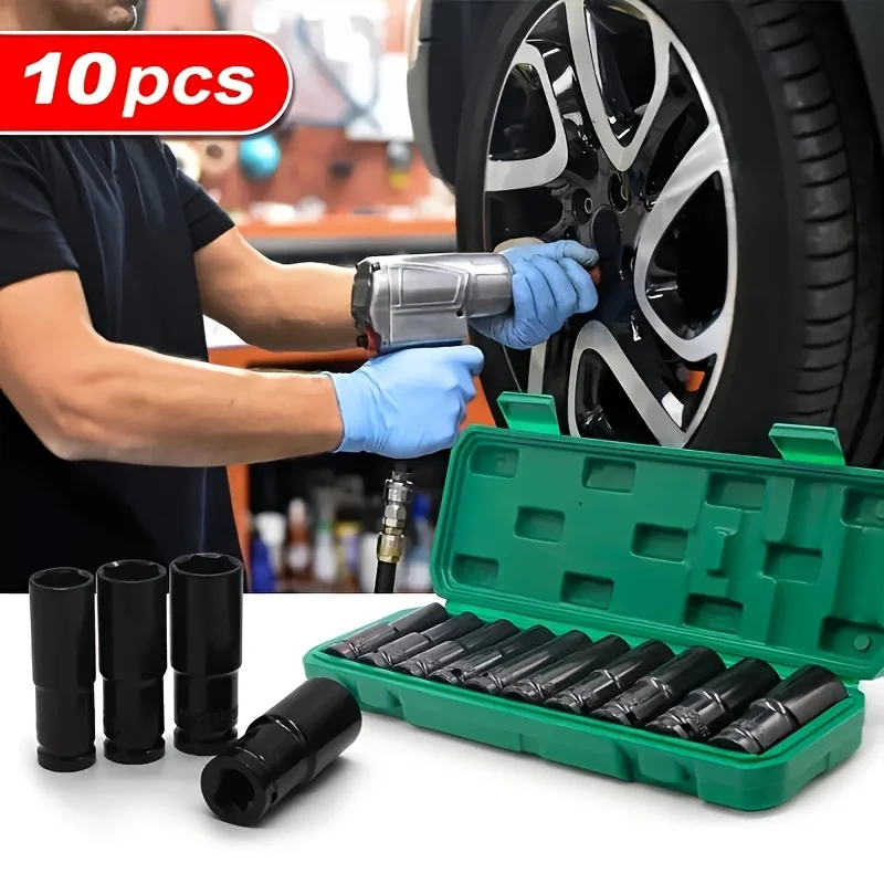 1/2Inch Drive 6-Point Impact Socket Set 10-Piece Metric Sizes 10-24mm Carbon Steel Impact Socket Set with Hard Storage Box