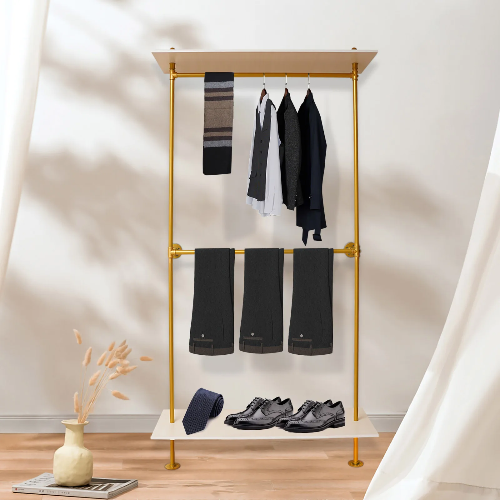 Gold Wall Mounted Modern Industrial Pipe Hanging Rods Clothing Rack with 2 Tier Wood Shelf