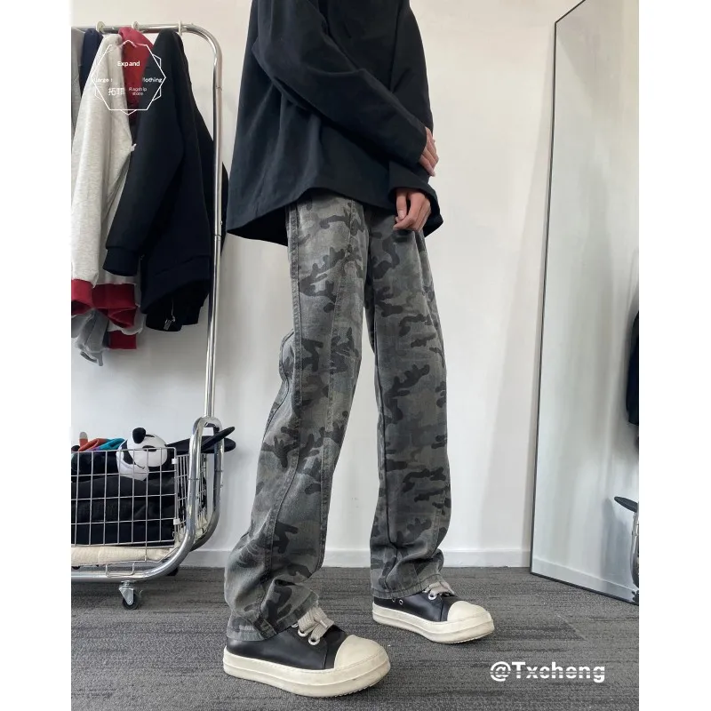 

American Style Cleanfit Camouflage Jeans Men's Spring Trendy High Street Oversize Straight Leg Long Casual Trousers