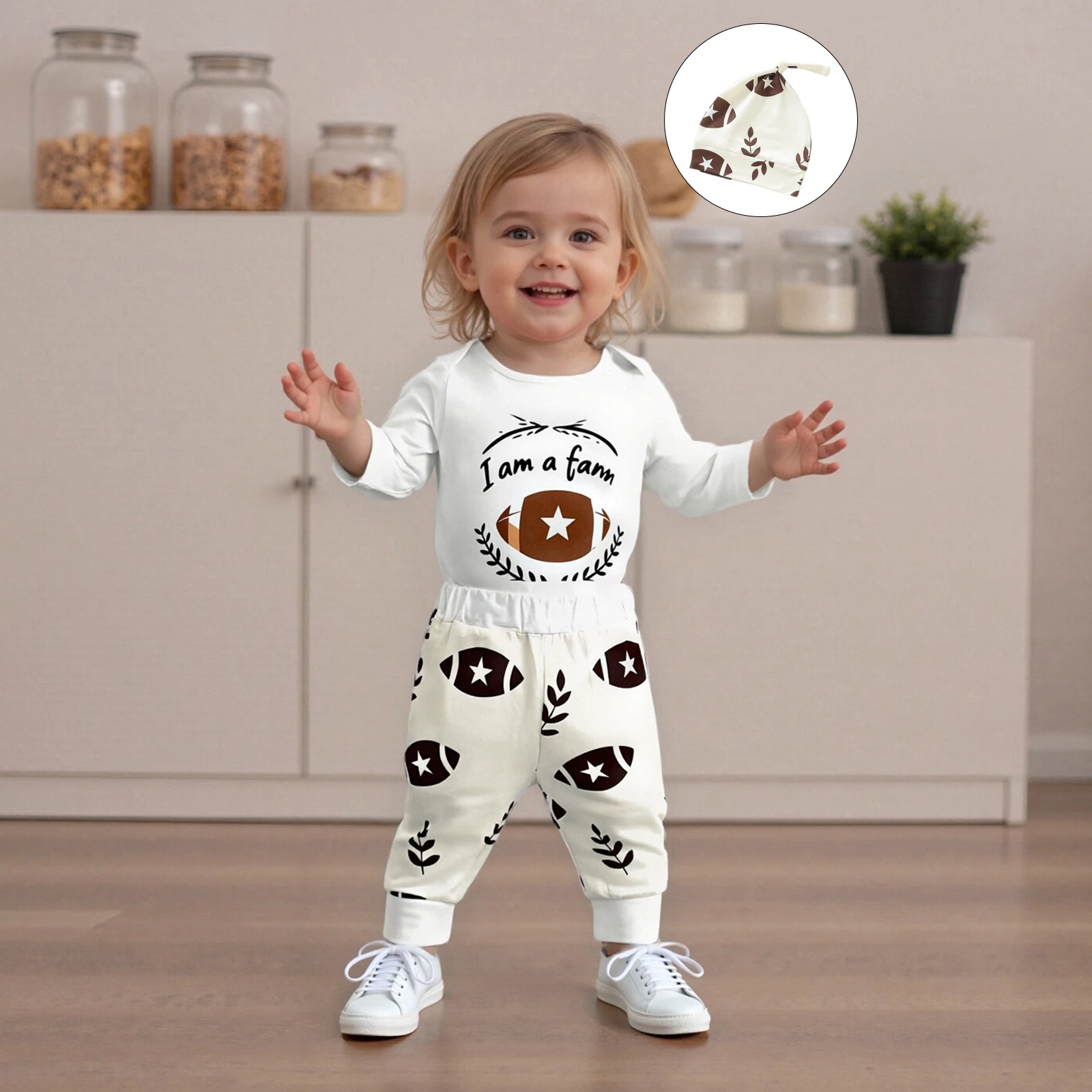 Baby Herbst Kleidung Brief Drucken Langarm Strampler Fußball Blatt Muster Lange Hosen und Hut 3 Stücke Outfit