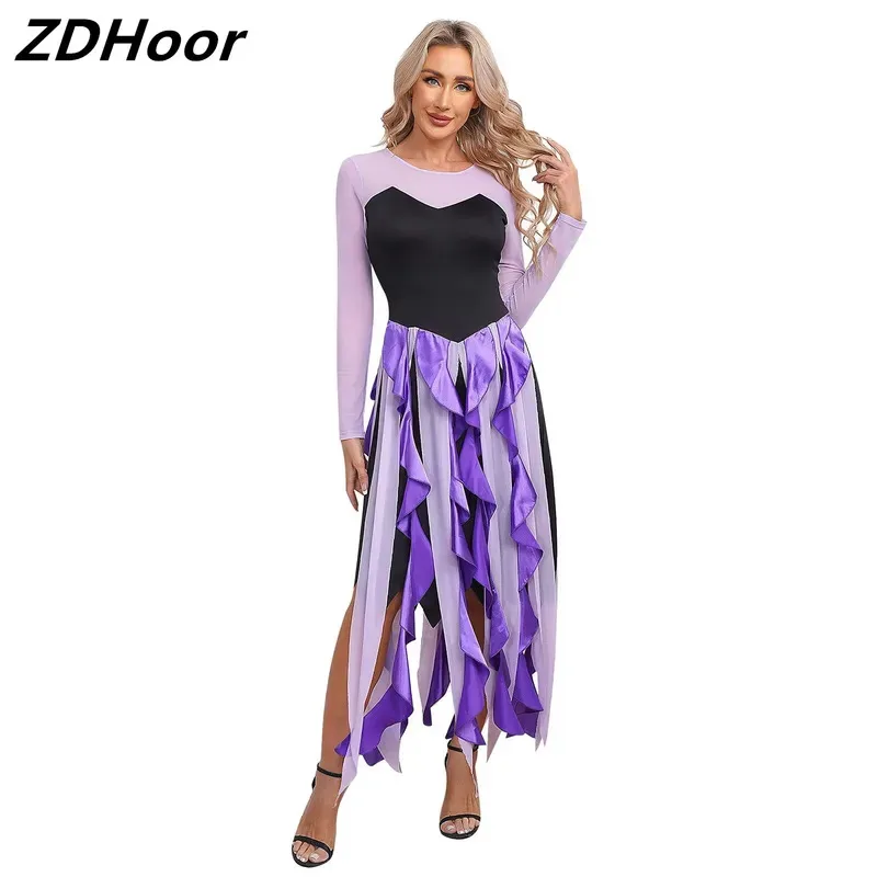 

Womens Witch Cosplay Dress Halloween Twisted Witch Role Play Costumes Mesh Long Sleeve Cascading Ruffle Asymmetrical Dress