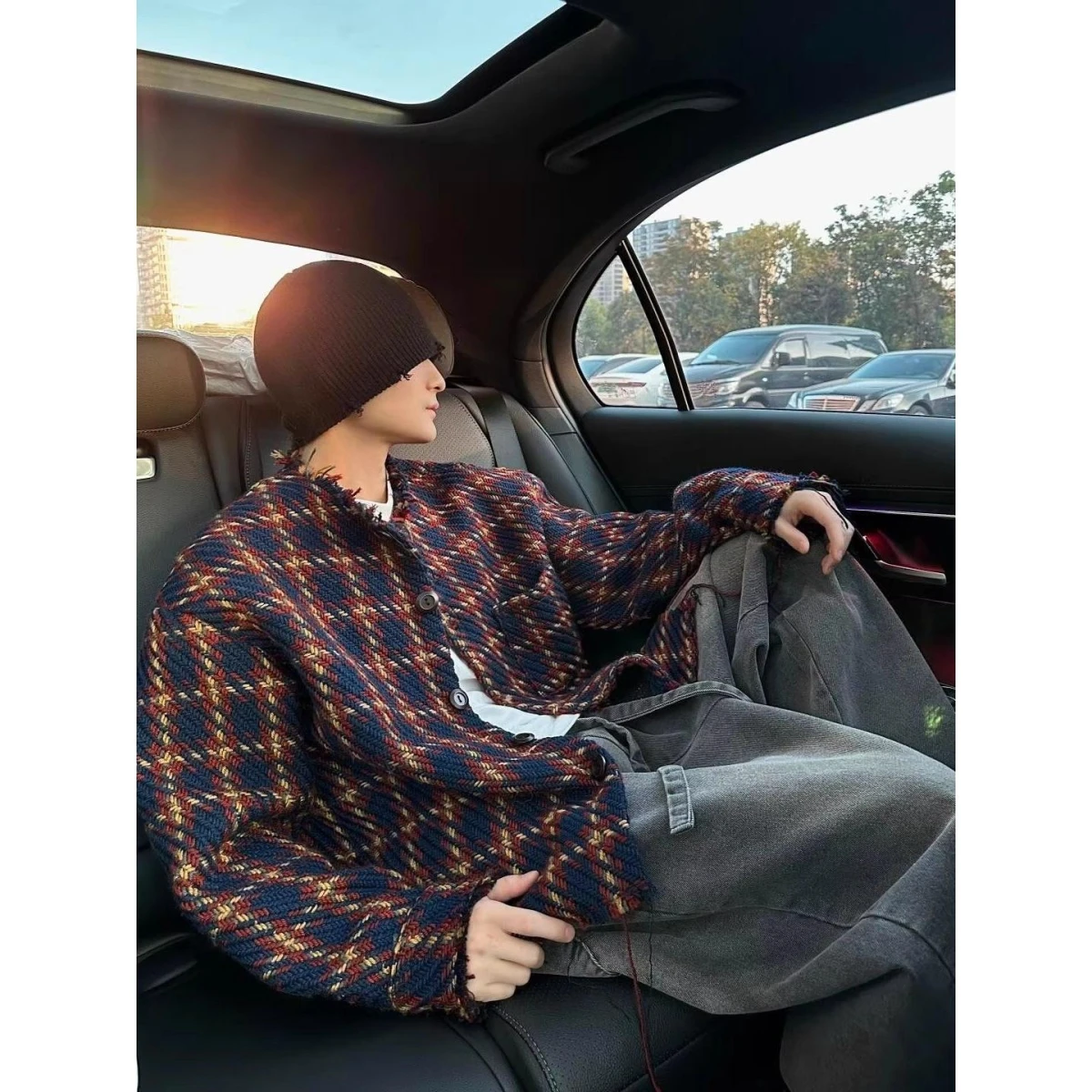 

Retro American k Blue Heavy Knitting Fringe Tweed Jaet Trendy Brand Little Fraance Wind Collarl Tweed Coat Ins Jaet