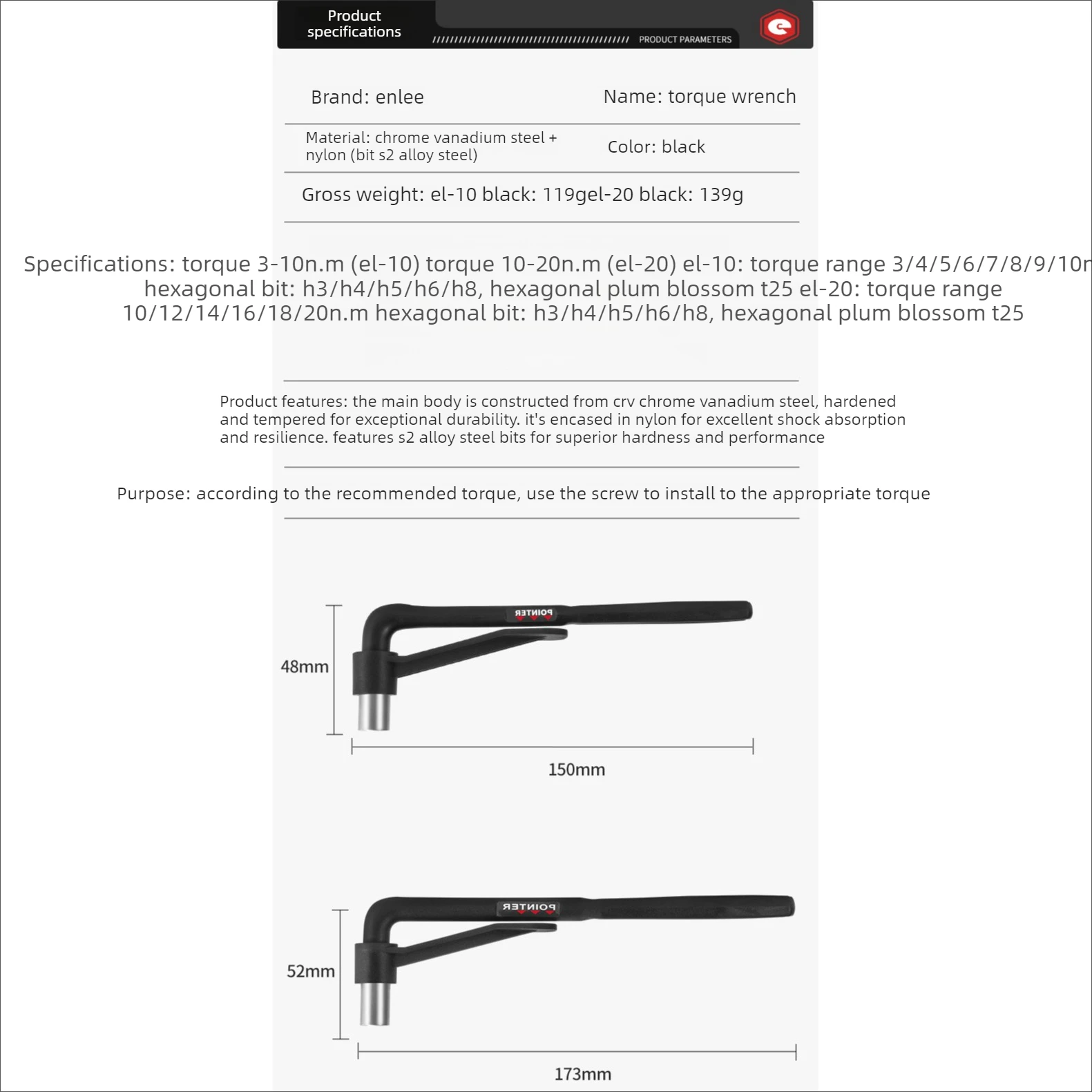 ENLEE Bicycle Torque Wrench Convenient High Precision Torque Wrench 10-20NM Alloy Hex Set