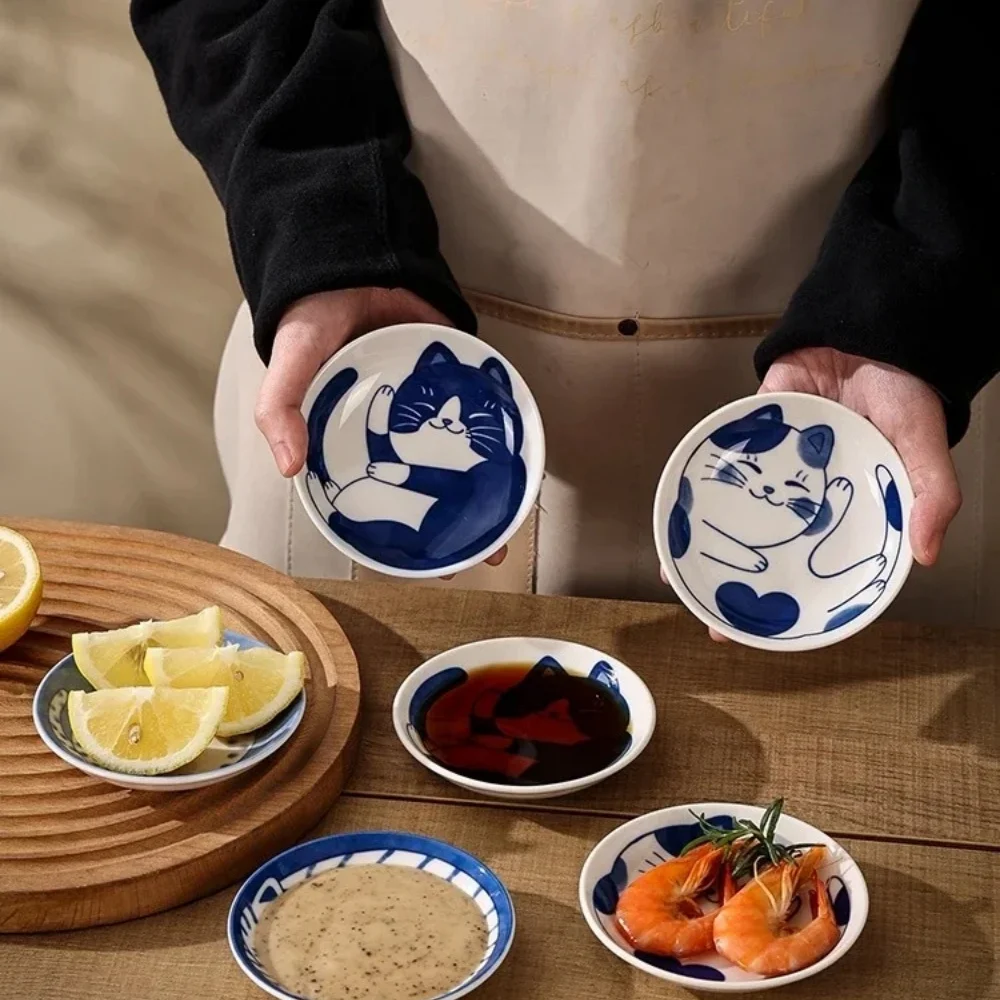 1/4pack Japanese Small Plate Set Ceramic Cute Cats Design Appetizer Dessert Sushi Sauce Dishes Ceramic Tableware