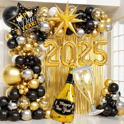 New Years Balloon Arch Garland Kit Happy New Years Decorations 2025 with Gold Fringe Backdrop 32inch 2025 Number Foil Balloon