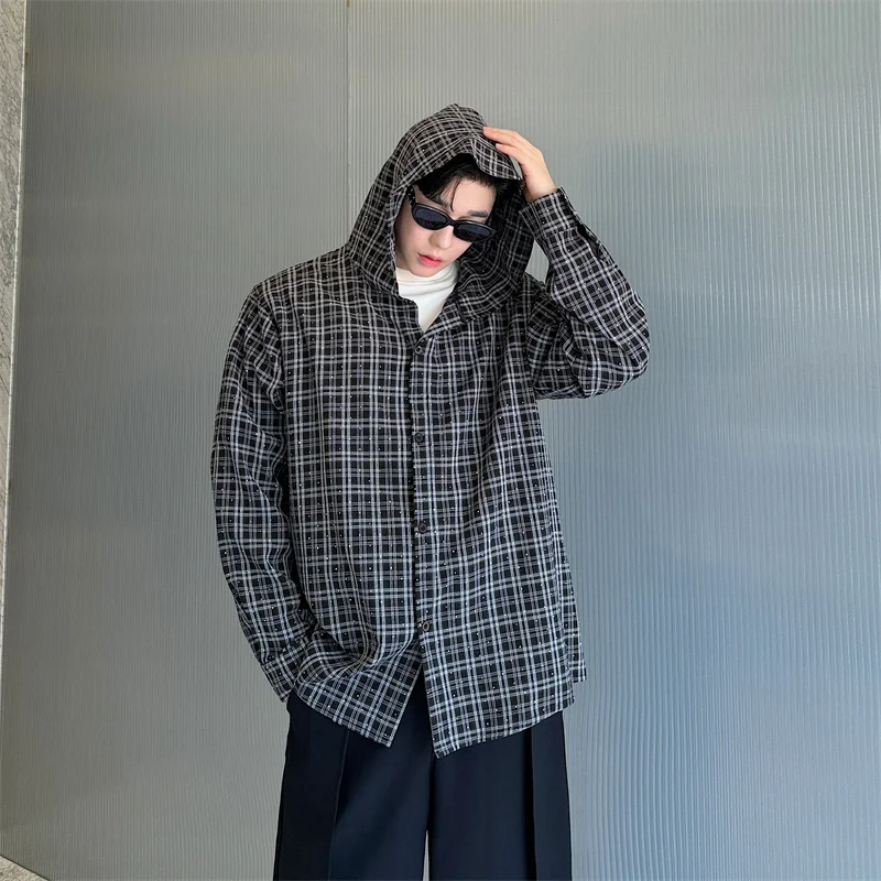 SYUHGFA Fashion Plaid Male Hooded Shirt Hot Drilling Jacket Turn-down Collar Korean Style Men's Top Casual Loose 2024 Autumn