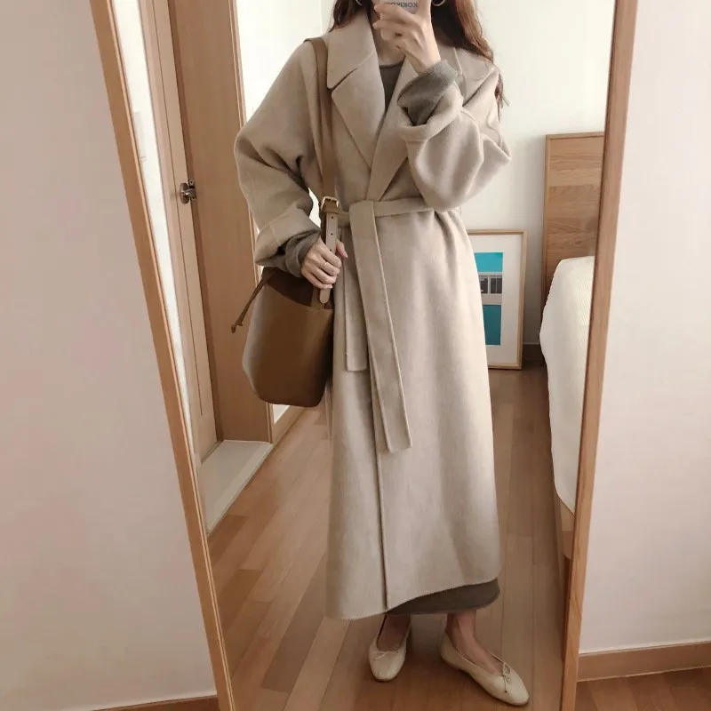 

Winter Women Coat Korean Long Woolen Coat Overcoat Outwear Loose Plus Size Cardigans Belt Elegant Female Manteau Femme Hiver P57