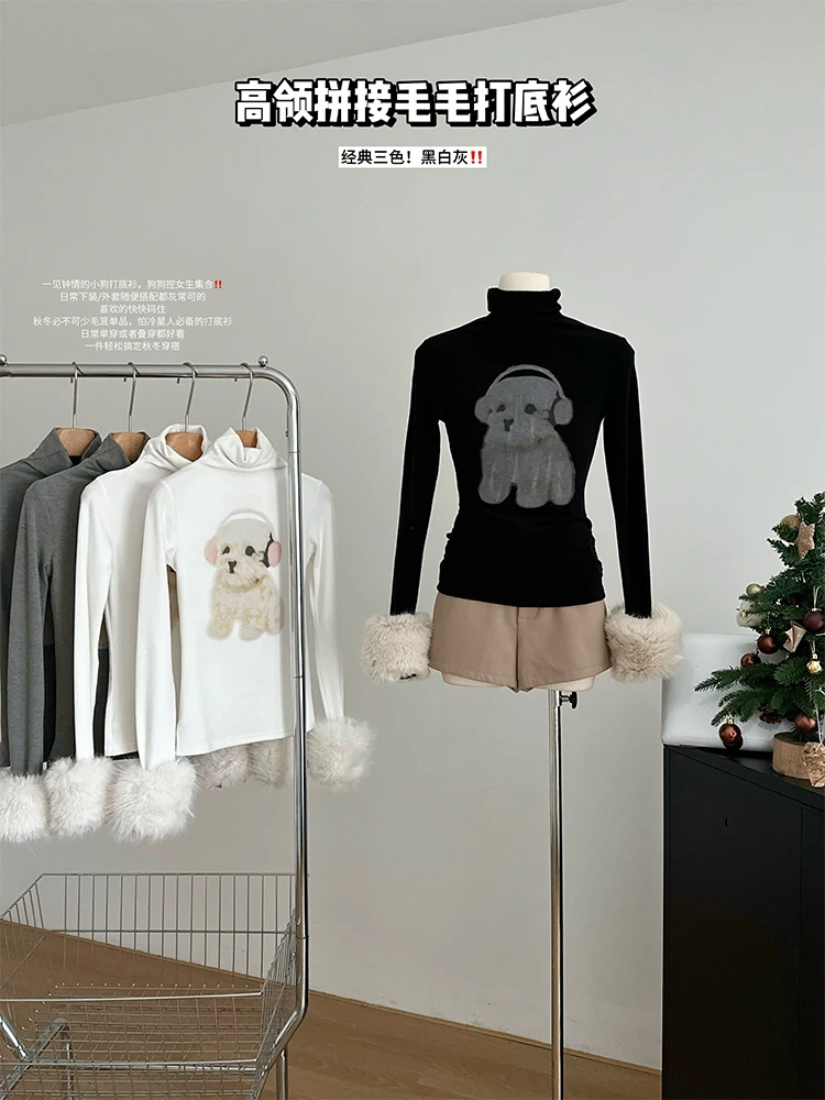 Spring Women Coquette Shoujo Korean Top Print T-Shirt Long Sleeve Coquette Turtleneck Print Faux Fur Tee Gyaru Y2k Kpop 2000s