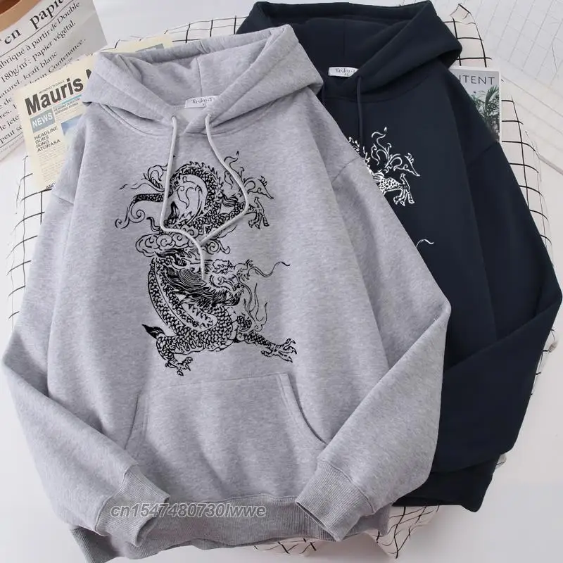 Japanese Dragon Print Harajuku Women Men Letter Long-Sleeved Vintage Plus Velvet Ulzzang Hooded Sweatshirt