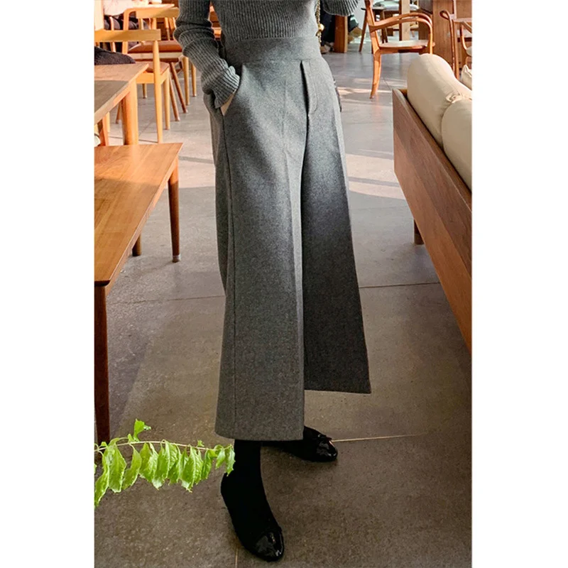 

Woolen Narrow Wide-Leg Pants2024Fall/Winter Hot-Selling High Waist Thickened Ankle-Length Pants Small Straight Casual Eighth Pan