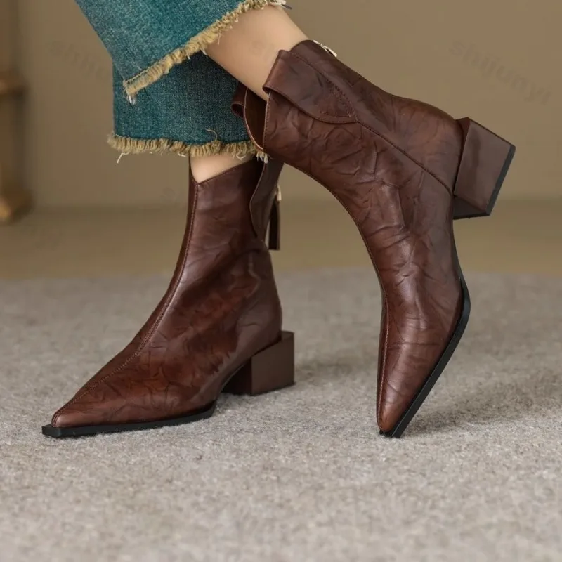 

Женские сапоги в стиле вестерн-ковбой, модные ботильоны «Челси» с острым носком, осенние женские туфли на толстом каблуке, каблук 5 см