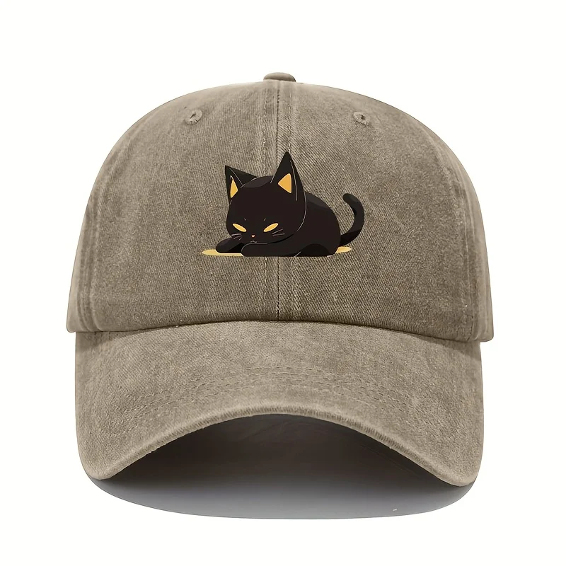 Schwarze Baseballkappe mit Katzenmuster im Retro-Stil und verstellbarem Sonnenschutz, geeignet für alle Jahreszeiten, lässige Kopfbedeckung