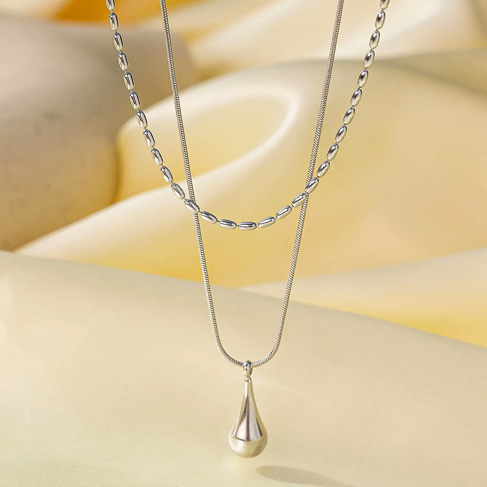 DIEYURO 316L Stainless Steel Golden Water Droplet Double-layer Necklace For Women Trend Fashion Neck Chain Jewelry Daily Gift