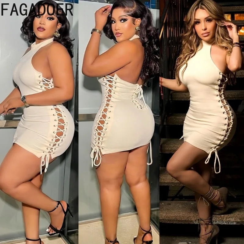 

FAGADOER Sexy Bandage Patchwork Bodycon Dresses Women Solid Color Halter Sleeveless Backless Dress Female Streetwear Vestidos