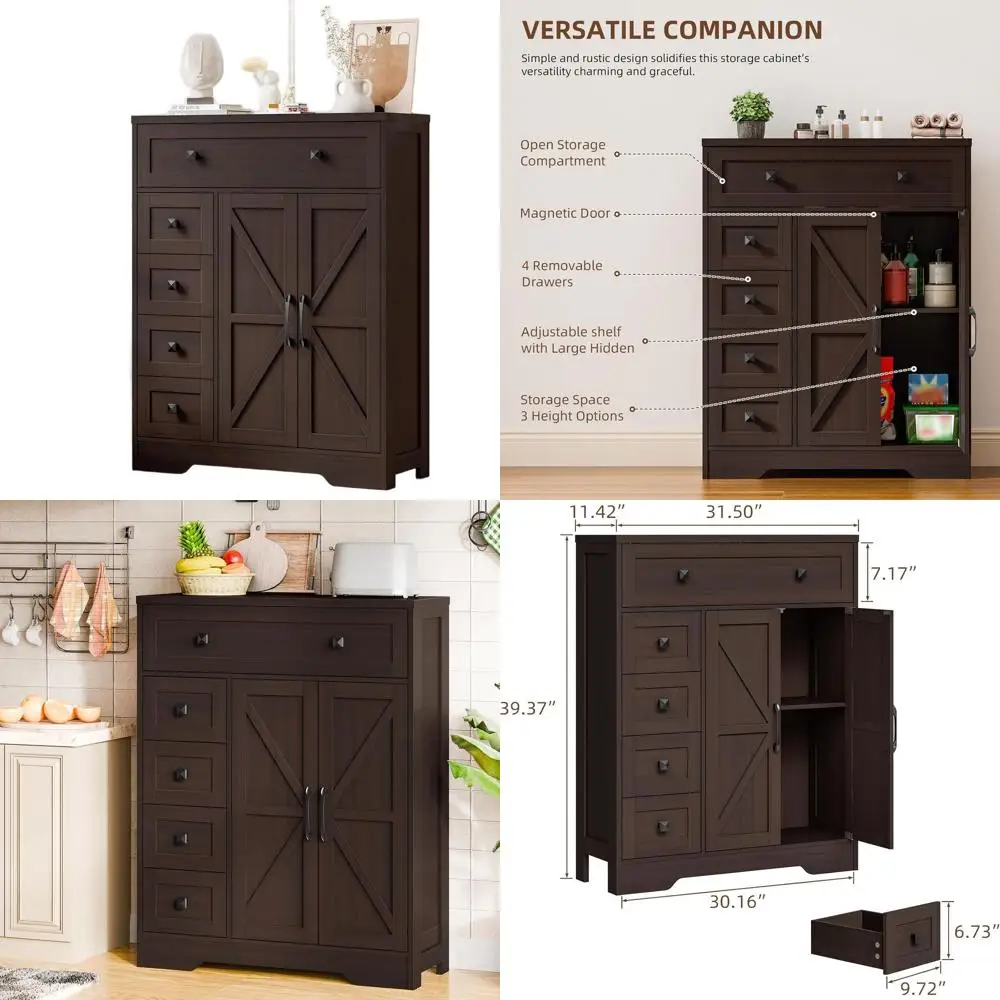 Double Door and Five Drawer Storage Cabinet for Kitchen, Pantry, and Bathroom Organization