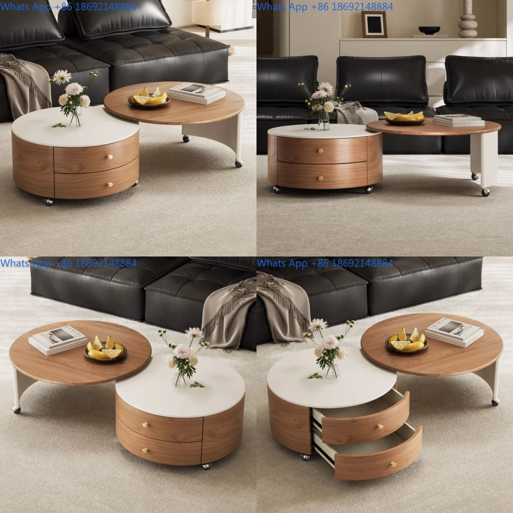 

Round Extendable Coffee Table Set for Living Room Small Apartments with Marble and Solid Wood Movable Luxury Design