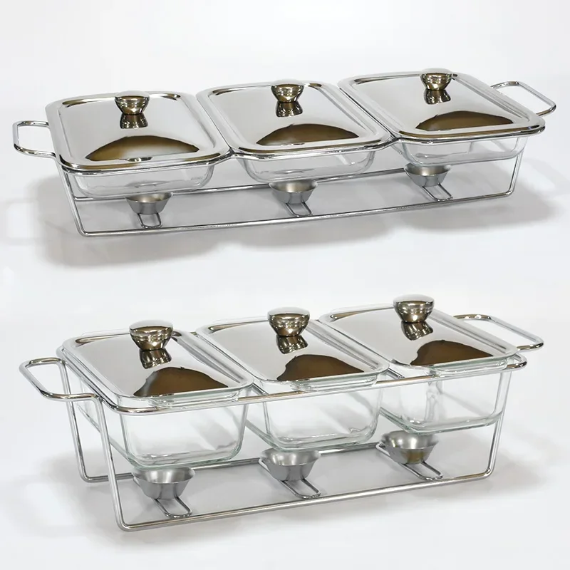 

Multi-style and multi-standard 1.5L glass food warm buffet stove luxury 3connections chafing dish