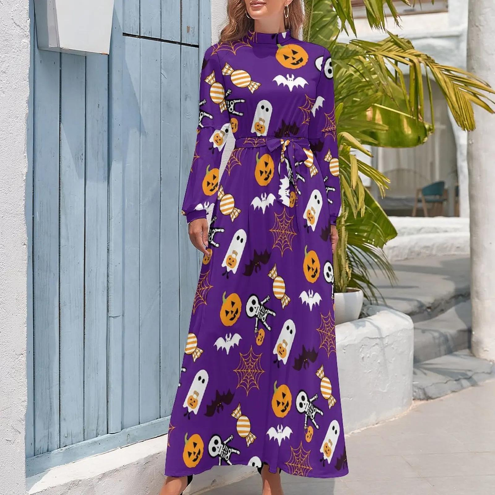 Halloween Spooky Dress Cute Ghost Pumpkin Sexy Printed Maxi Dress High Waist Long Sleeve Stylish Boho Beach Long Dresses