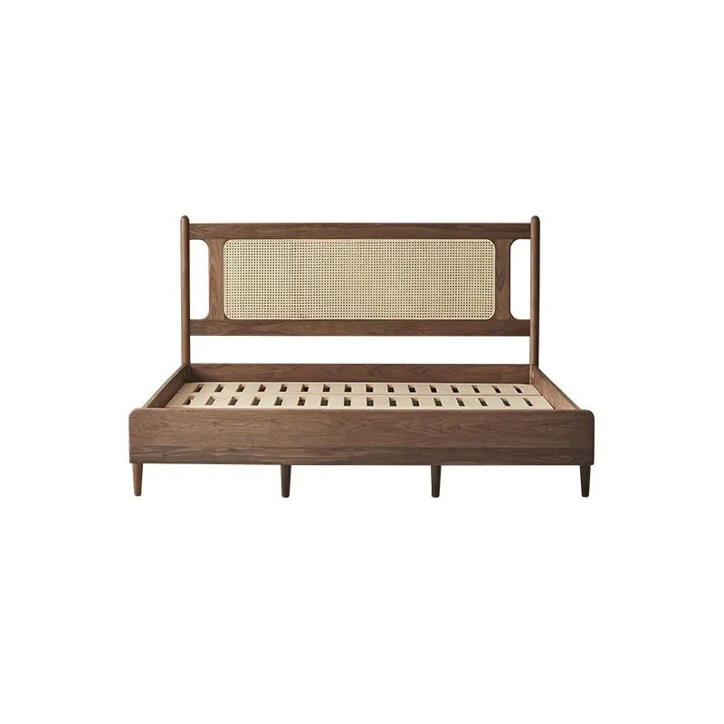 Modern minimalist solid wood bed, new Chinese style black walnut rattan woven  retro double , small unit in homestay