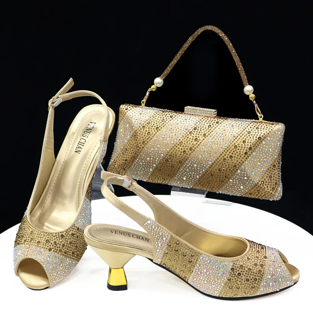 Doershow New Arrival African Wedding Shoes and Bag Set gold Color Italian Shoes with Matching Bags Nigerian lady party  HTY1-26