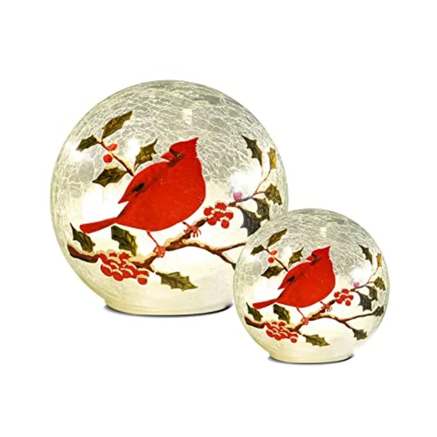

Glass Ball Light Crackle LED Night Light Red Birds Pattern Globe Glass Table Lamp, Orb Cardinal Night Light for Outdoor Decorat