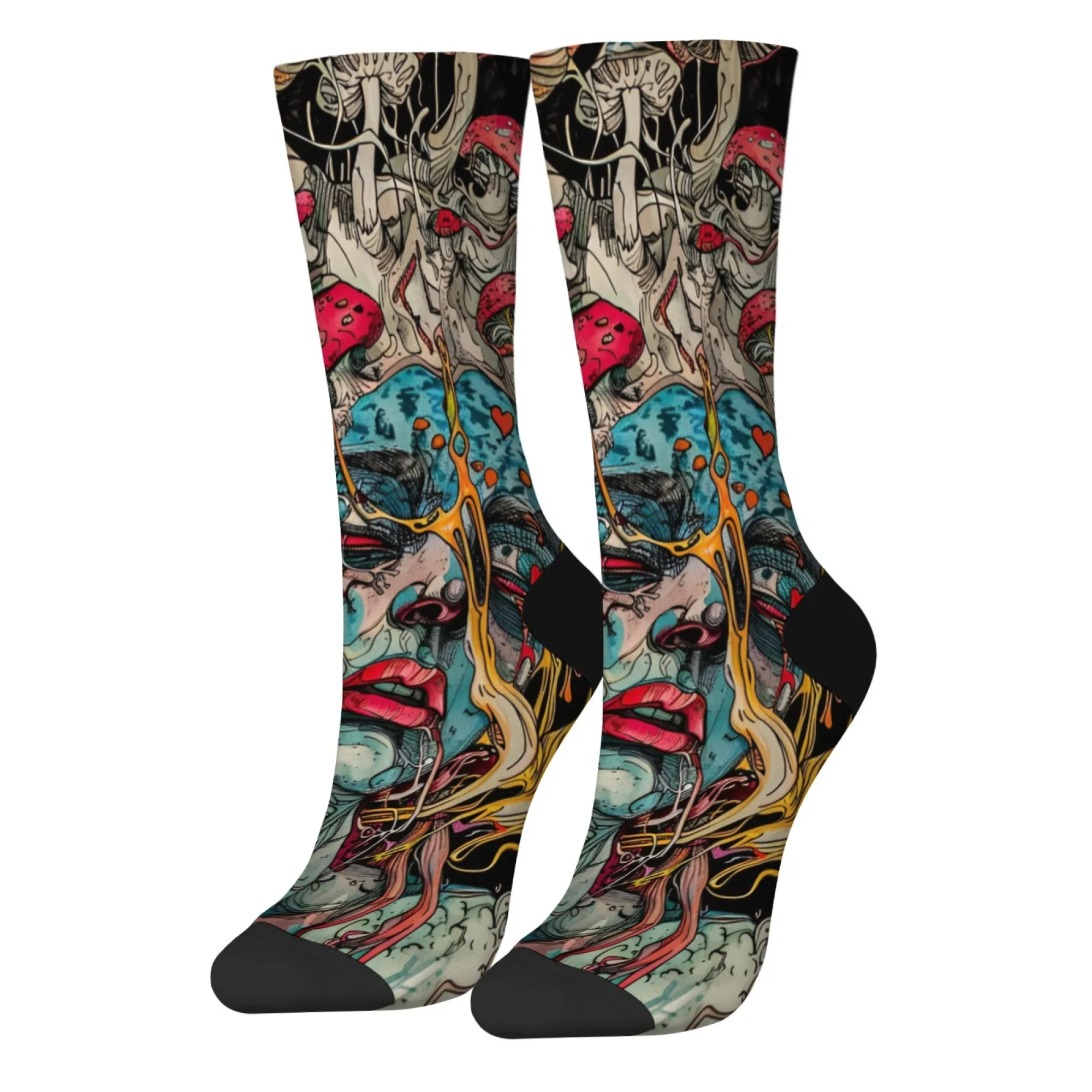 Surreal Artistic Psychedelic Socks，Face with Mushrooms Flowing Shapes Face Colorful Design Crew Socks，Novelty Crazy Street Style