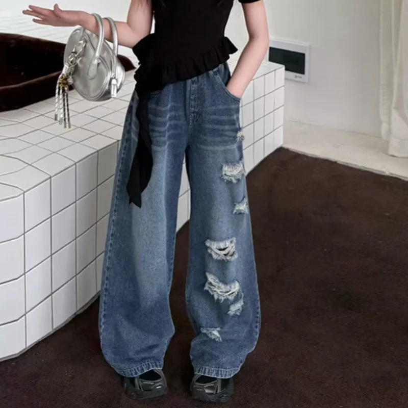 Kids Girls Cowgirl Ripped Jeans Casual Style Destroyed Denim Pants High Street Trousers Spring Autumn Child Clothes 4-14 year