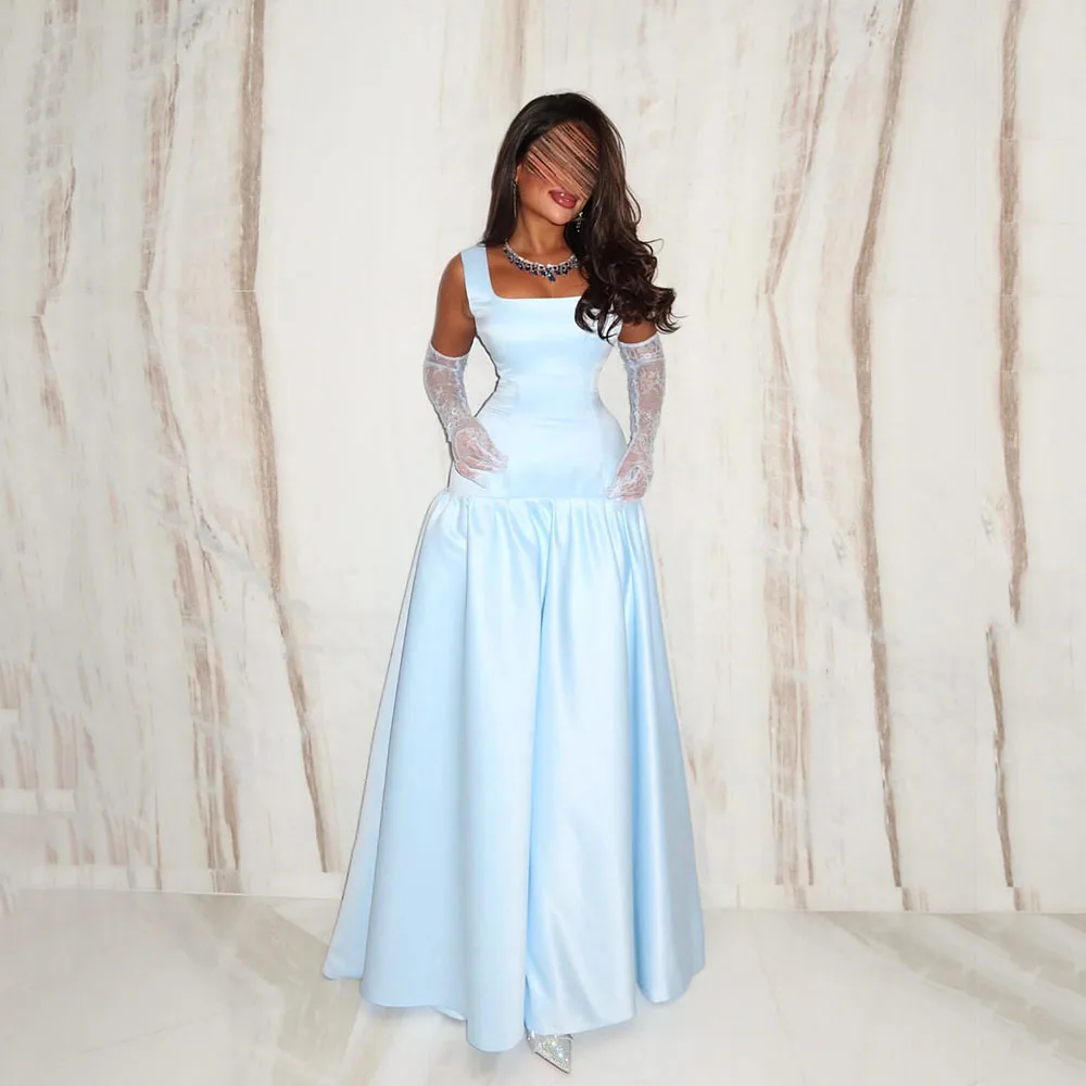 

MsikoodsSky Blue Princess Evening Dress Square Neck Bow Back Satin Party Dress Formal Gown Floor Length Prom Dress Customized