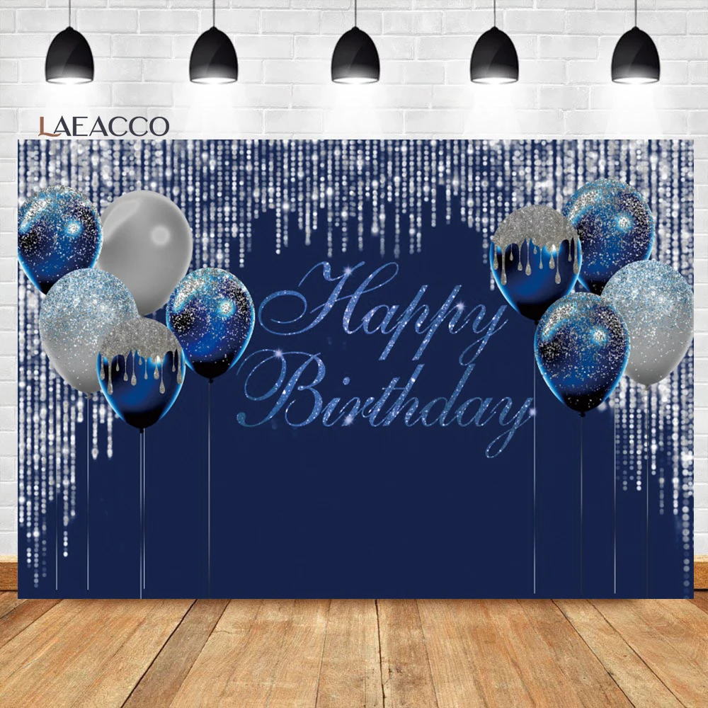 

Laeacco Royal Blue Balloons Happy Birthday Backdrop Strings of White Dots Kids Adulit Portrait Customized Photography Background