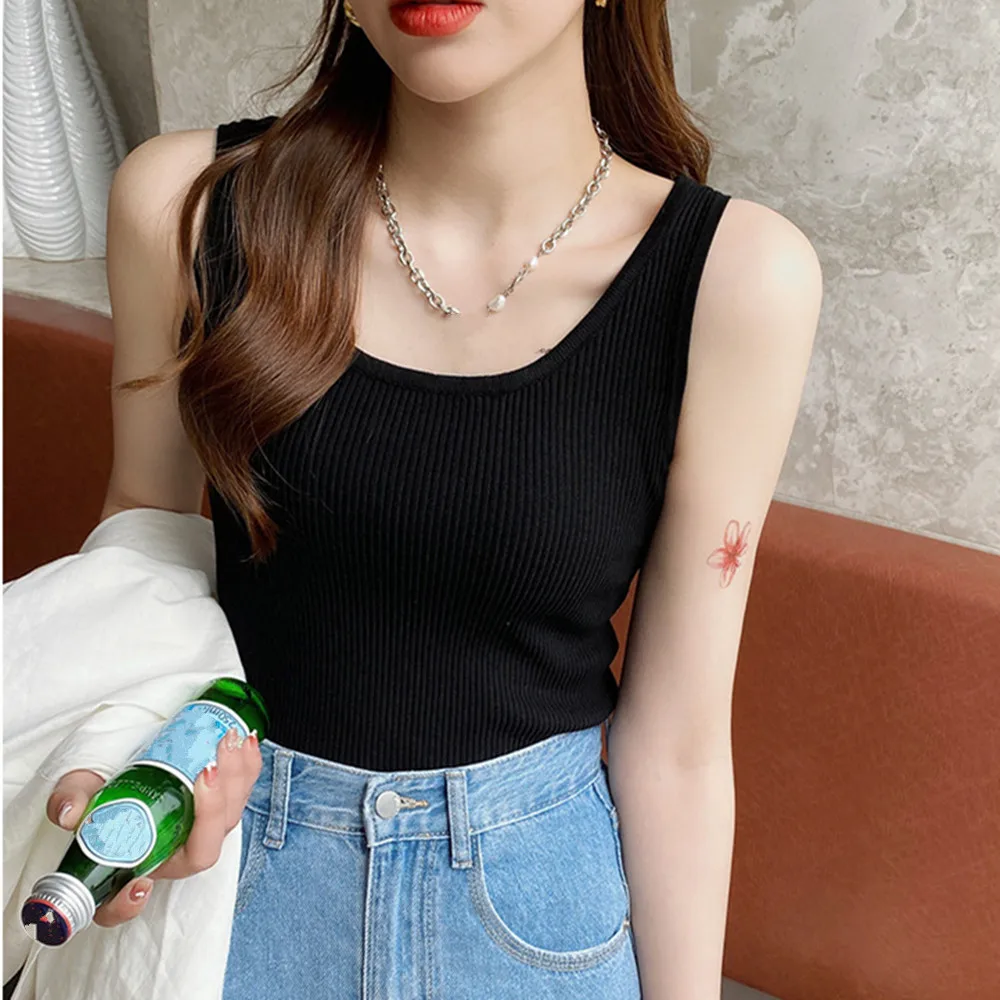 Women Knitted Sleeveless Top Solid Color Sling Low Chest Tank Top Casual Crop T-Shirts Hot Pullover Vest Fashion Clothing