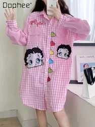 Fashion Brand Cartoon Rhinestone Long-Sleeved Plaid Shirt for Women 2024 Summer New Mid-Length Loose Simple Printed Shirt Female