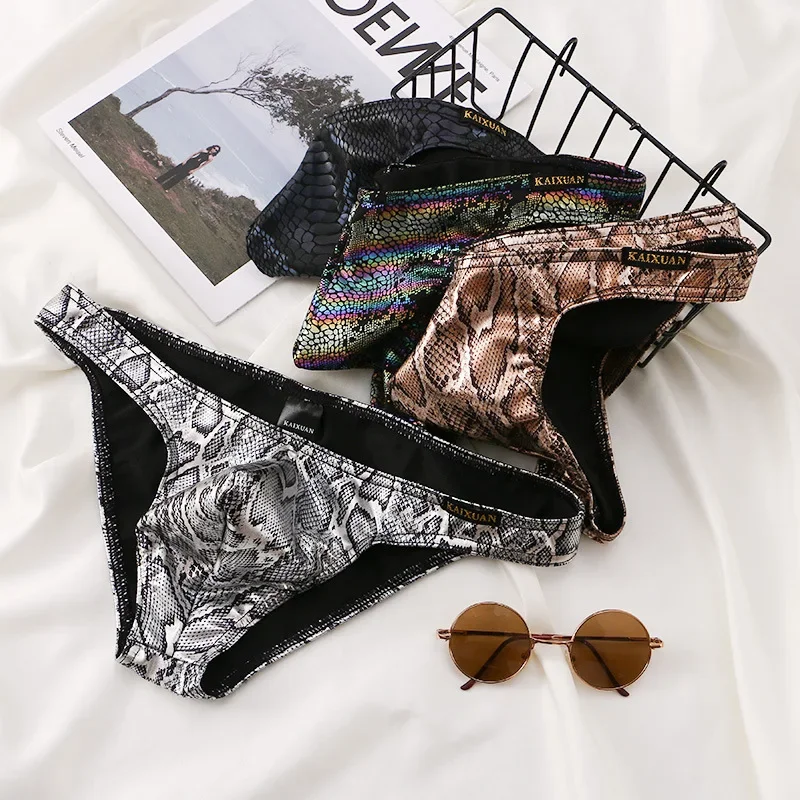 Snake Skin Pattern Brief Men Sexy Low Waist U Convex Pouch Panties Gays Erotic Knickers Shiny Nightclub Stage Performance Bikini
