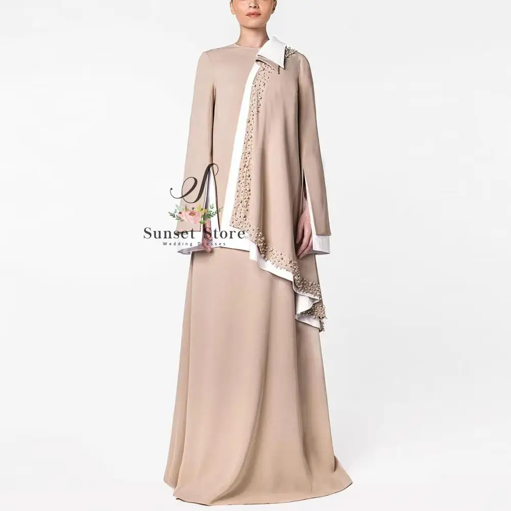 Customized   Modest Long Sleeve Kaftan Evening Dress Abaya Dress with White Trim Beaded A Line Asymmetrical Layered Muslim Dress