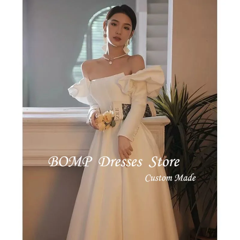 BOMP A Line Korea And Japan Wedding Dresses Long Sleeeves Matte Satin Strapless Floor length Bridal Gowns Customized Reception