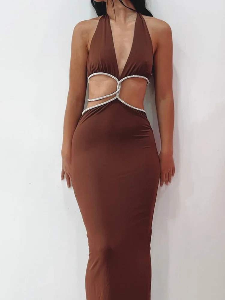 Sexy Halter Cut Out Maxi Dress for Women 2022 Summer Fashion Brown Sleeveless Club Party Dress Elegant Evening Bodycon Long Gown