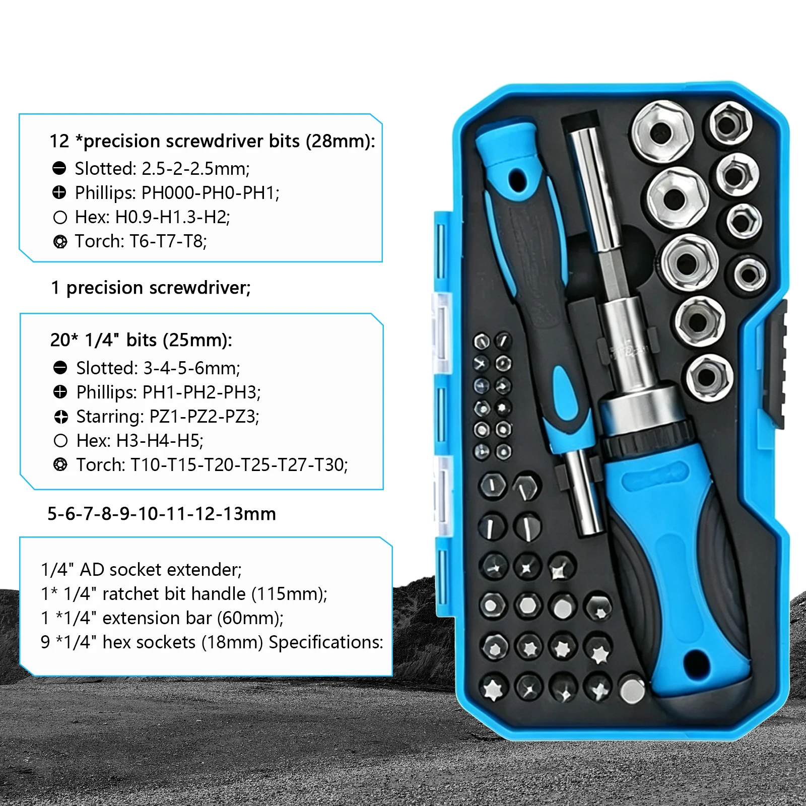 

【2026 New】44 In1 Precision Screwdriver Set 12+20 Bits 1/4" Ratchet Handle Extension Bar 9 Hex Sockets for Phone Watch PC Repair